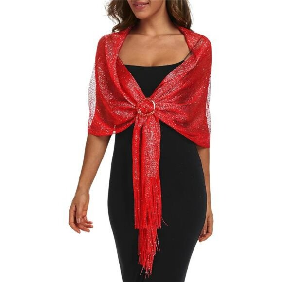 Red Shawls Wraps Scarf Sparkly Glitter Formal Evening Holiday Party Dress Shawls - Picture 1 of 6
